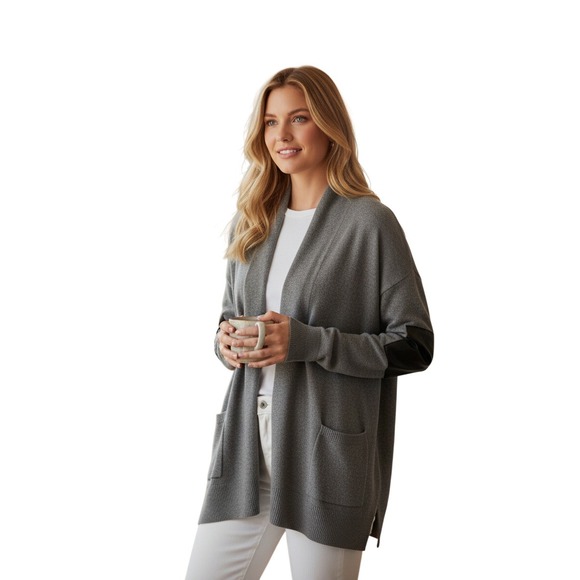 BCBGMaxAzria Sweaters - BCBGMAXAZRIA Gray Open Front Cardigan Faux Leather Sleeve Knit‎ Sweater Fits S/M